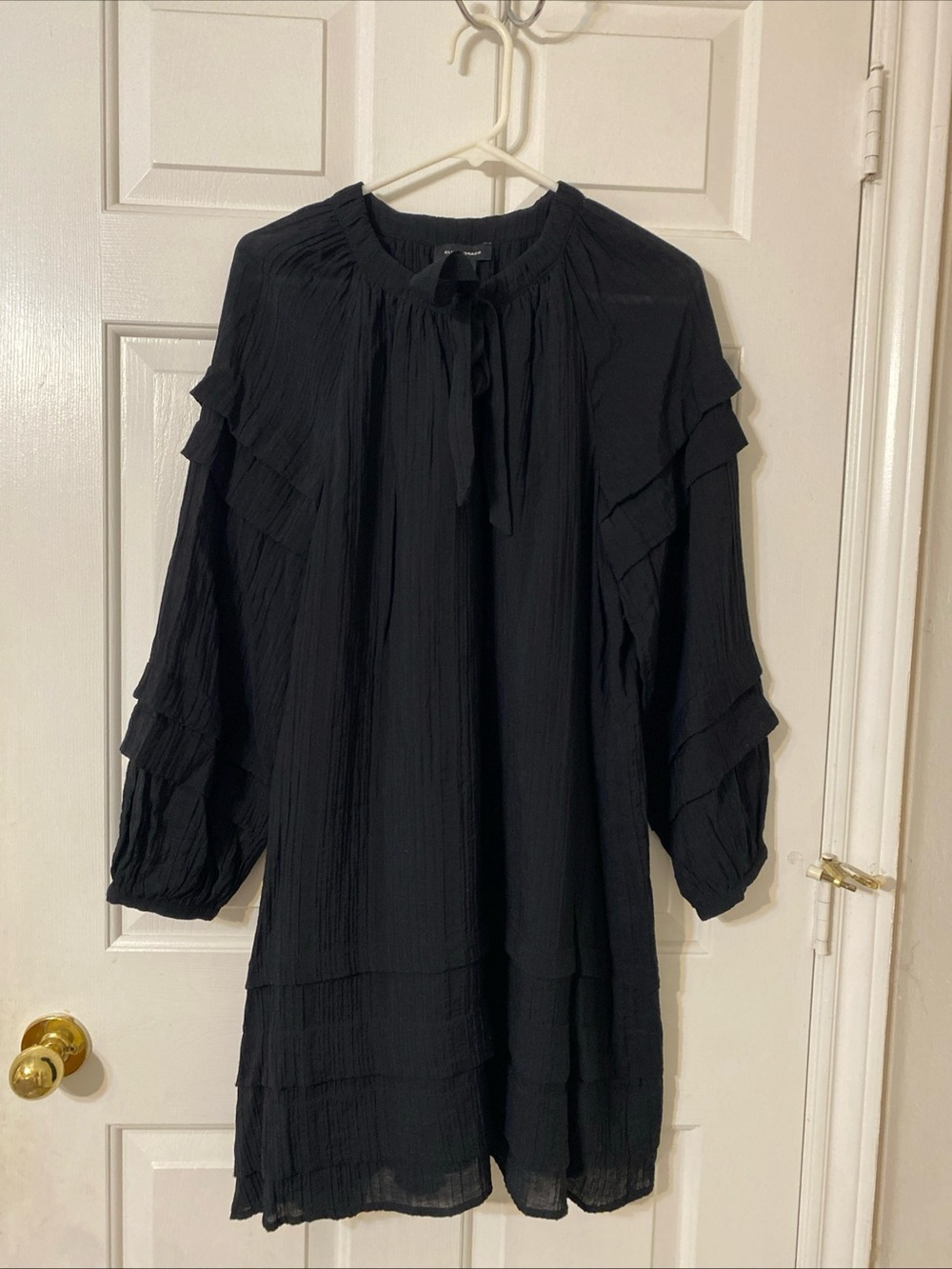 Club Monaco Black Long-Sleeve Ruffle Tie-Neck Dress